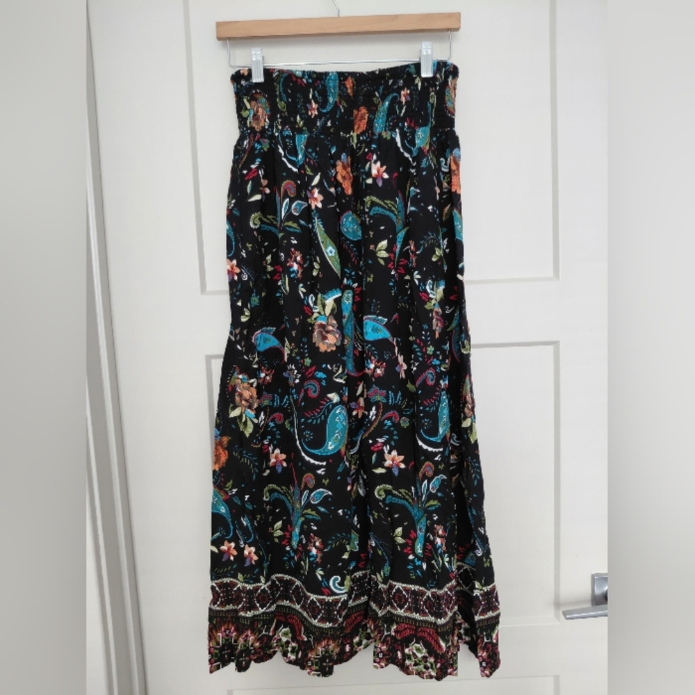 High Waist Black Floral Maxi Skirt with Teal and Multicolor Paisley Print